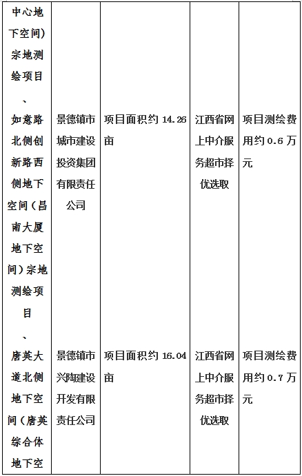 景德鎮(zhèn)市昌南新區(qū)LJ1-03-A01-1地塊、瓷都大道東側(cè)中渡口地下空間（格蘭云天大酒店地下空間）、光明大道北側(cè)利民路西側(cè)地下空間（青少年宮地下空間）、規(guī)劃二路北側(cè)地下空間地塊二（加速基地地下空間）、規(guī)劃二路北側(cè)地下空間地塊一（加速基地地下空間）、景德大道南側(cè)天寶橋西側(cè)地塊、景興大道東側(cè)如意路北側(cè)地下空間(社會(huì)公共服務(wù)